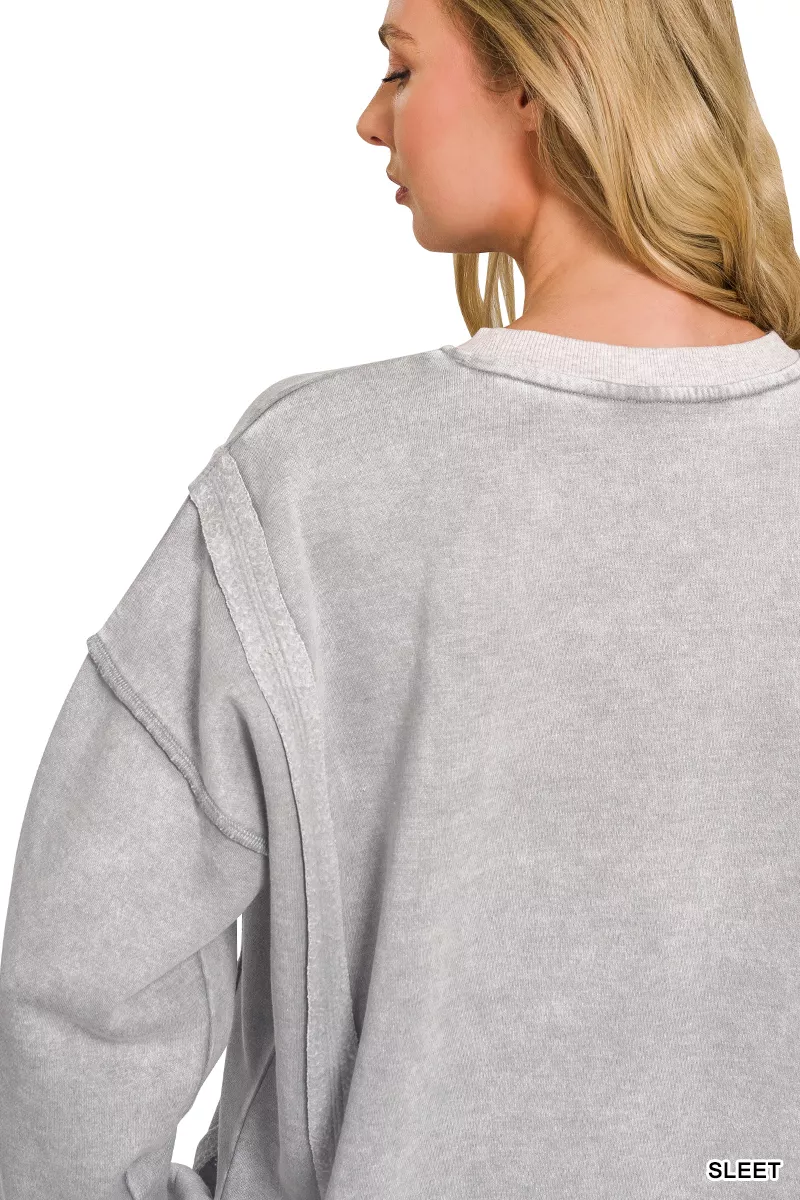 Zenana Fleece Acid Washed Contrast Trim Pullover - Image 3