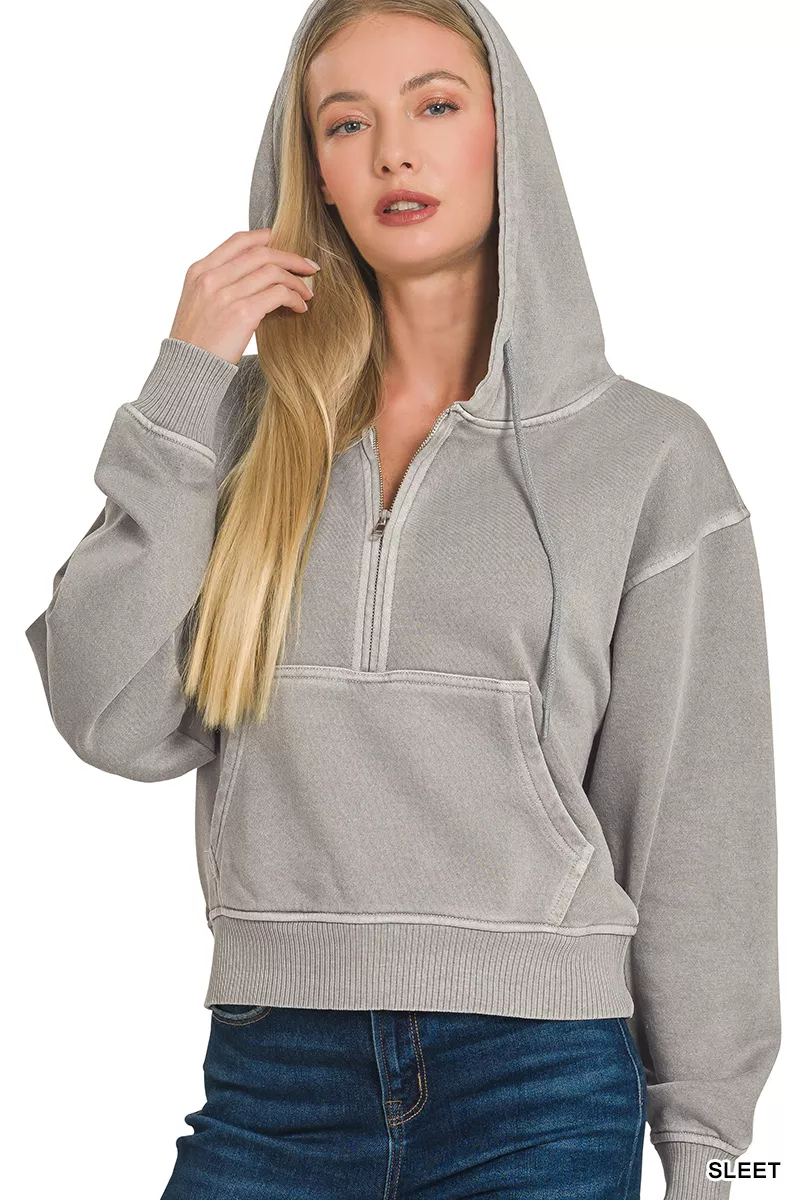Zenana Fleece Pigment Dye Half Zip Kangaroo Pocket Hoodie - Image 2