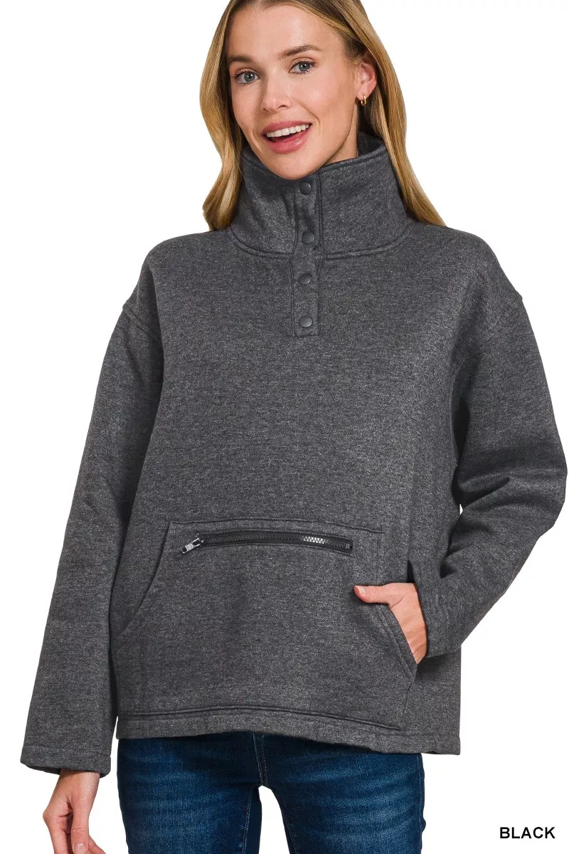 Zenana Fleece Washed High Neck Kangaroo Pocket Sweatshirt - Image 2