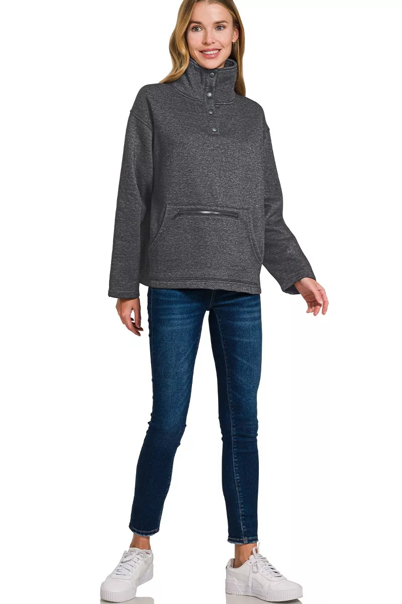 Zenana Fleece Washed High Neck Kangaroo Pocket Sweatshirt - Image 3