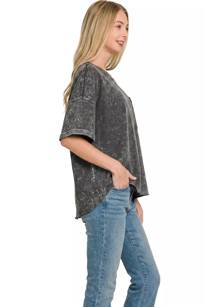Zenana French Terry Acid Washed Exposed Seam T-shirts - Image 2
