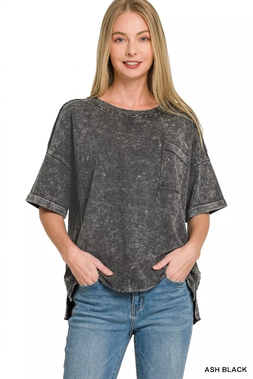 Zenana French Terry Acid Washed Exposed Seam T-shirts - Image 3