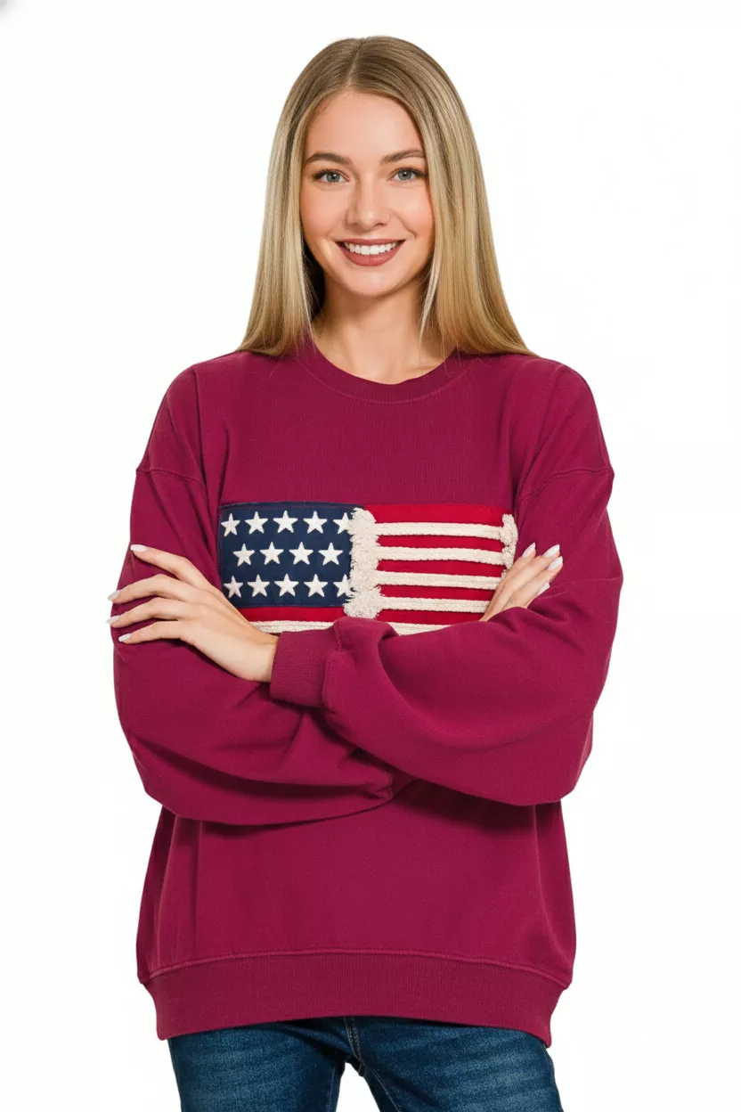 Zenana French Terry American Flag Pullover - Image 2