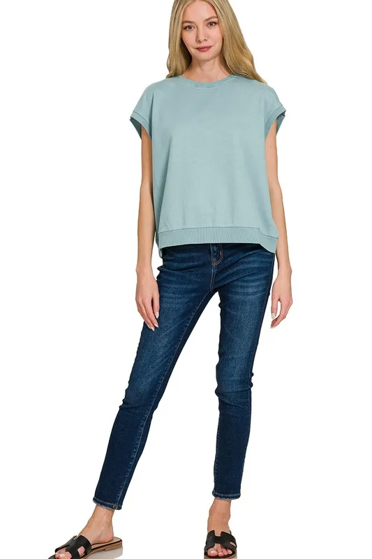 Zenana French Terry Round Neck Cap Sleeve T-Shirt - Image 4