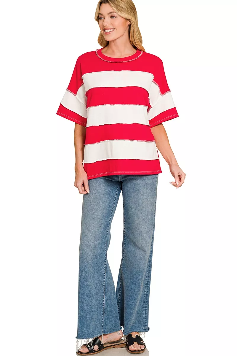 Zenana French Terry Striped Exposed Seam Top - Image 2