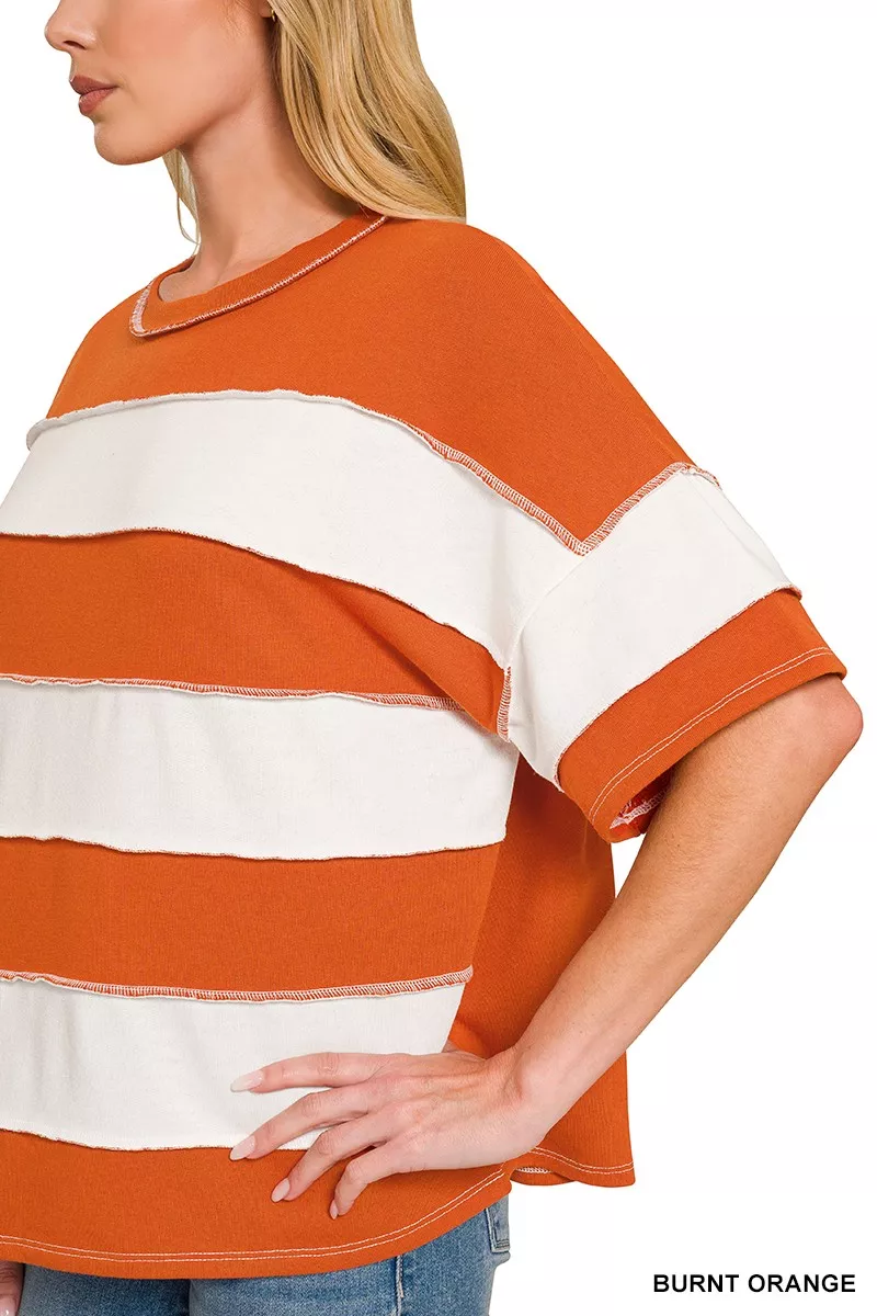 Zenana French Terry Striped Exposed Seam Top - Image 3