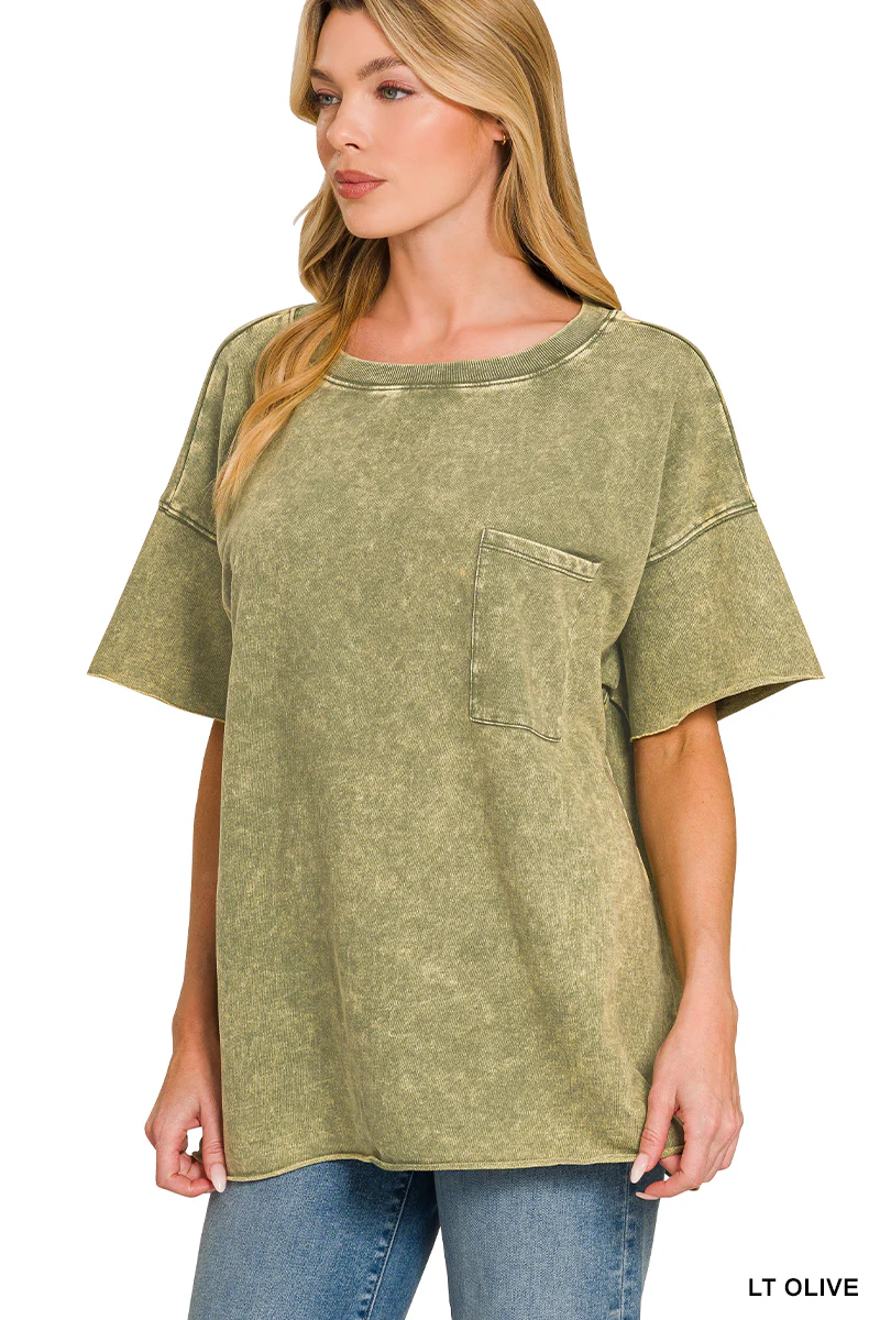 Zenana French Terry Washed Drop Shoulder Raw Edge Top - Image 2