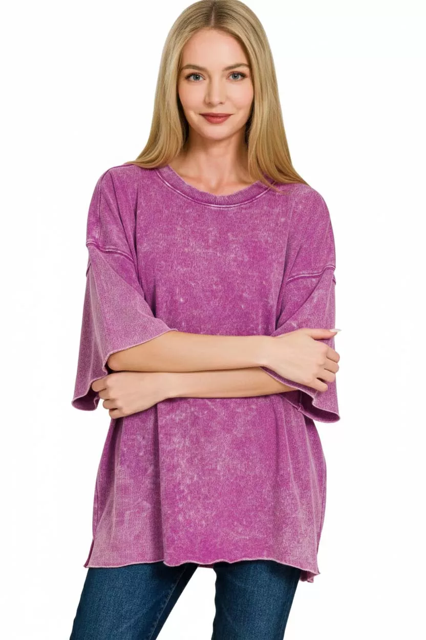 Zenana French Terry Washed Drop Shoulder Short Sleeve Top - Image 2