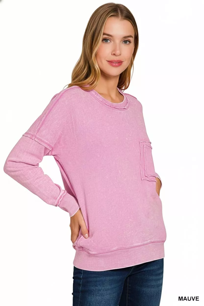 Zenana French Terry Washed Raw Edge Front Pocket Pullover - Image 3