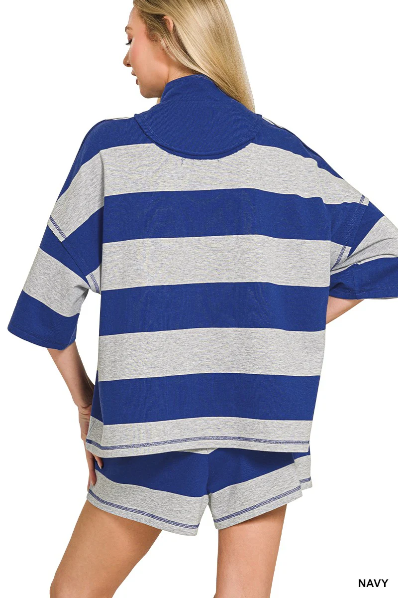 Zenana Frenchterry Striped Half Zip Top & Shorts Set - Image 3