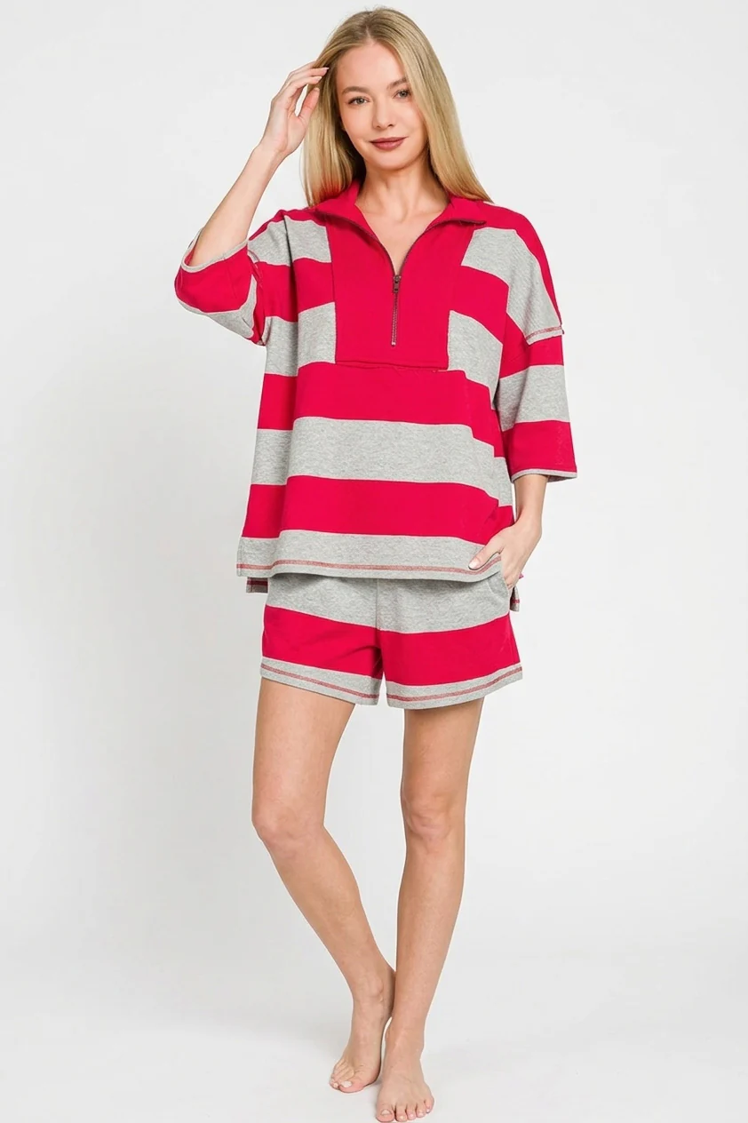 Zenana Frenchterry Striped Half Zip Top & Shorts Set - Image 3