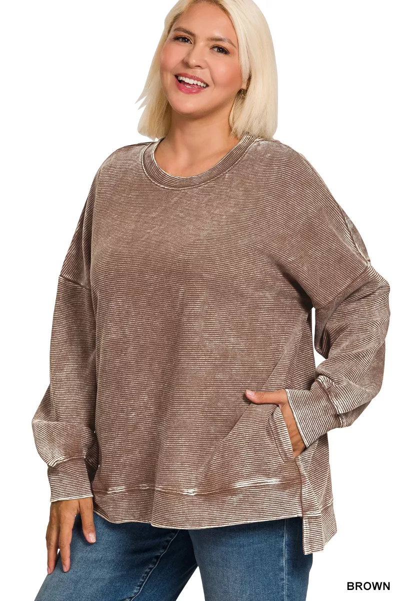 Zenana Full Size Acid Washed Double Ribbed Hi-low Sweatshirt Plus Size - Image 2