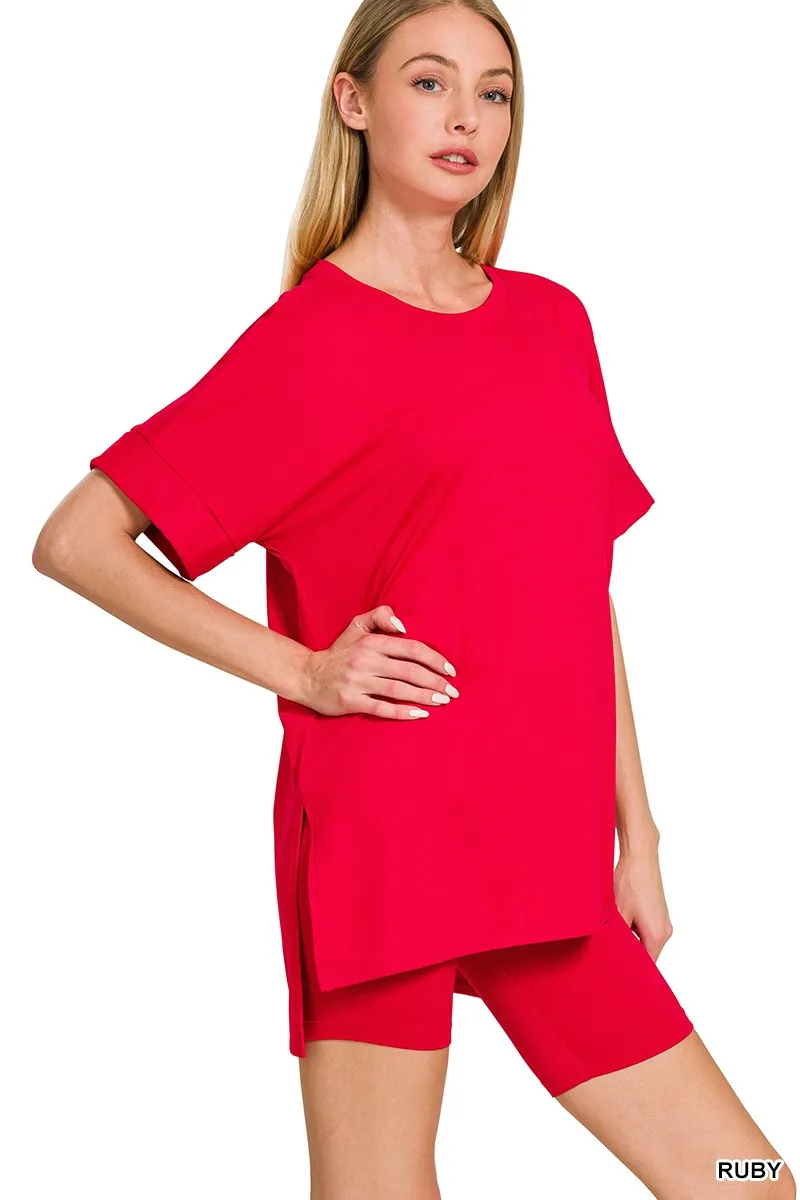 Zenana Full Size Brushed Dty Microfiber Round Neck Top and Biker Shorts Set Plus Size - Image 2