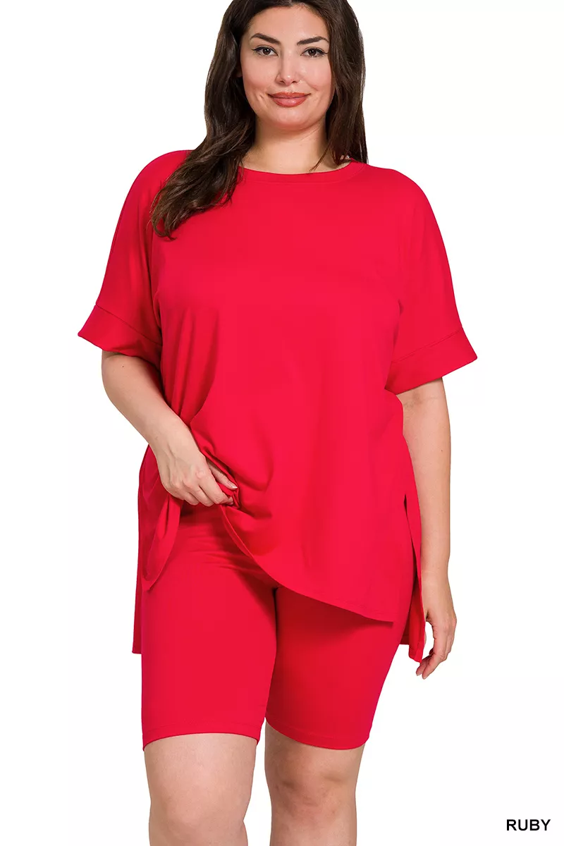 Zenana Full Size Brushed Dty Microfiber Round Neck Top and Biker Shorts Set Plus Size - Image 4