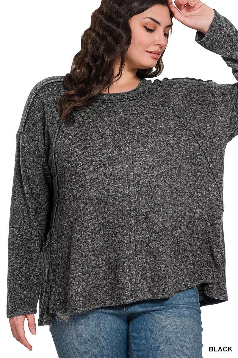 Zenana Full Size Brushed Hacci Exposed Seam Hi Low Sweater Plus Size - Image 2