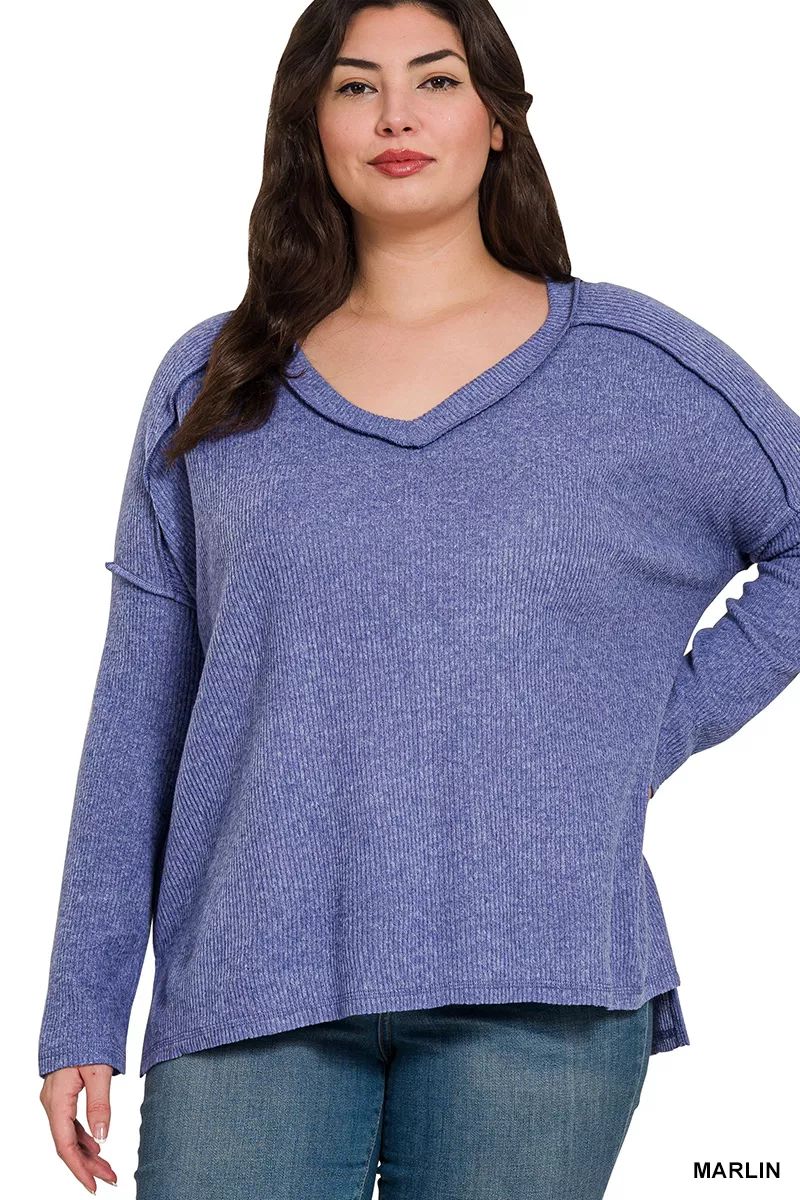 Zenana Full Size Brushed Ribbed Hacci Drop Shoulder V-Neck Sweater Plus Size - Image 2