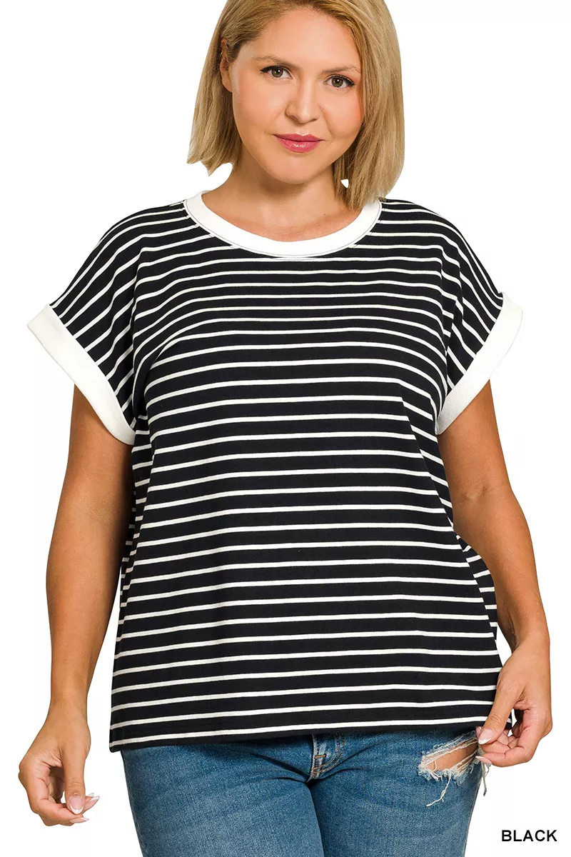 Zenana Full Size Contrast Trim Cap Sleeve Stripe Tee Plus Size - Image 3