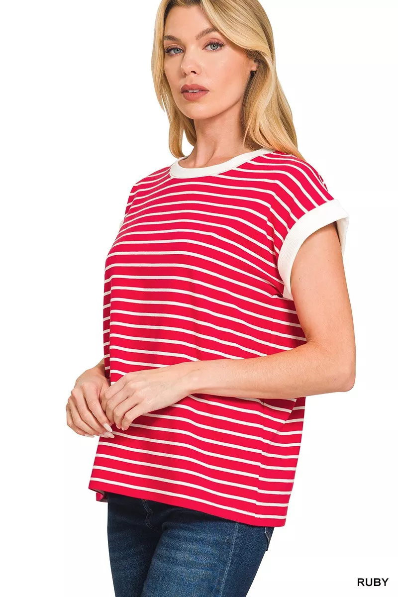Zenana Full Size Contrast Trim Cap Sleeve Stripe Tee Plus Size - Image 2