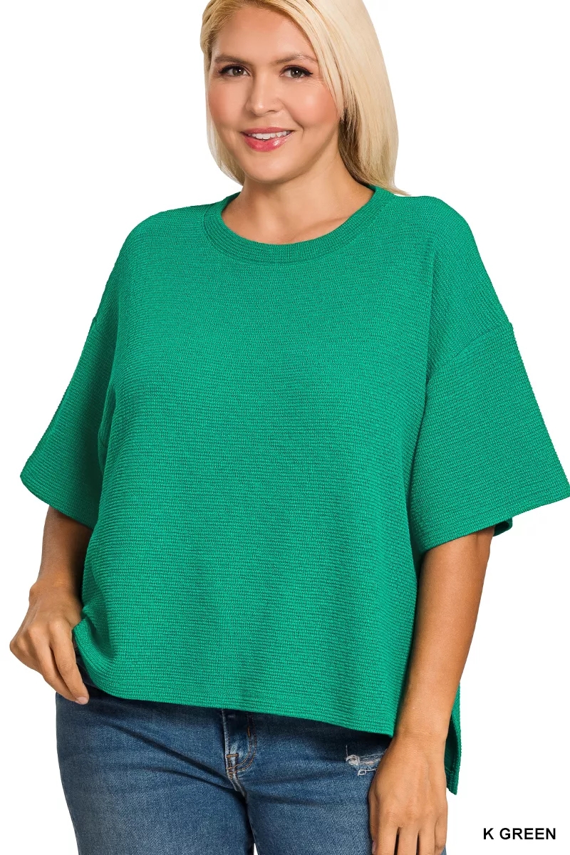 Zenana Full Size Double Knit Side Slits Hi Low Short Sleeve Top Plus Size - Image 3
