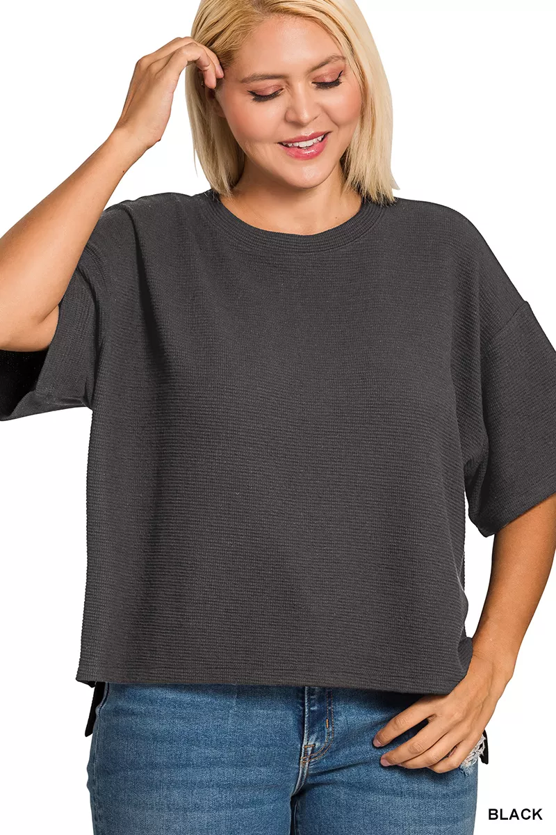 Zenana Full Size Double Knit Side Slits Hi Low Short Sleeve Top Plus Size - Image 3