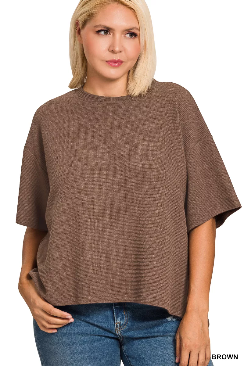 Zenana Full Size Double Knit Side Slits Hi Low Short Sleeve Top Plus Size - Image 3