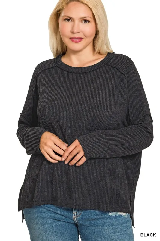 Zenana Full Size Exposed Seam Long Sleeve Corded Rib Knit Top Plus Size - Image 4