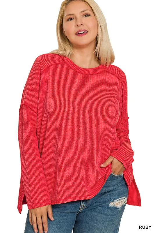Zenana Full Size Exposed Seam Long Sleeve Corded Rib Knit Top Plus Size - Image 2