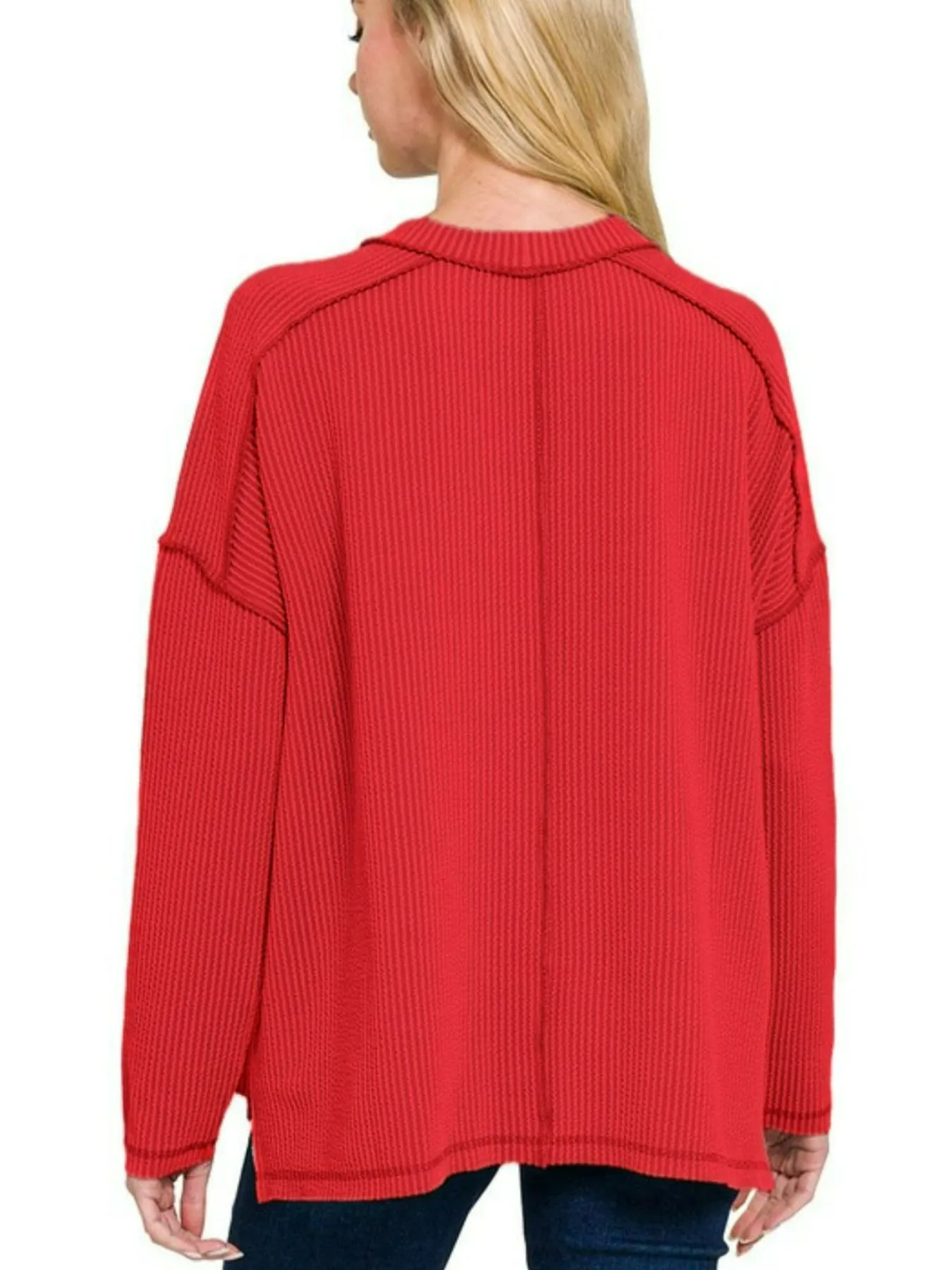 Zenana Full Size Exposed Seam Long Sleeve Corded Rib Knit Top Plus Size - Image 3