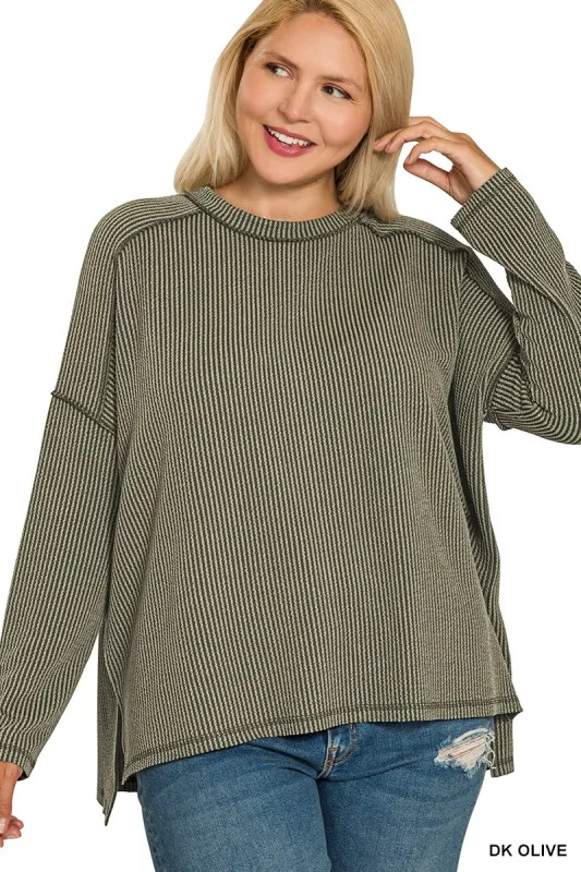 Zenana Full Size Exposed Seam Long Sleeve Corded Rib Knit Top Plus Size - Image 2