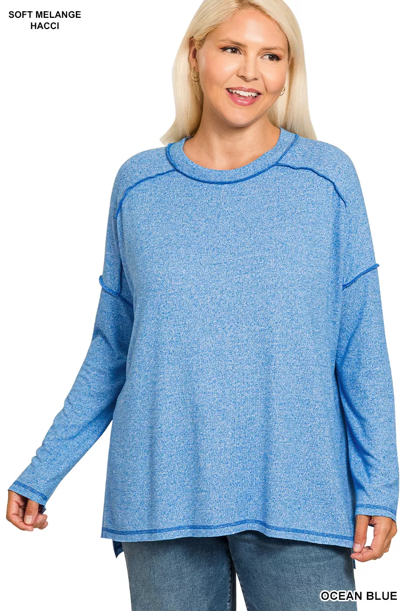 Zenana Full Size Melange Hacci Exposed Seam Hi-low Tee Plus Size - Image 7