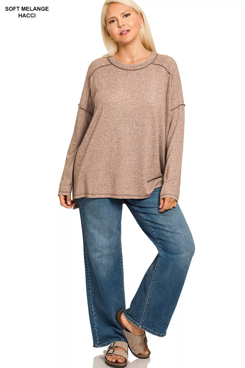 Zenana Full Size Melange Hacci Exposed Seam Hi-low Tee Plus Size - Image 2