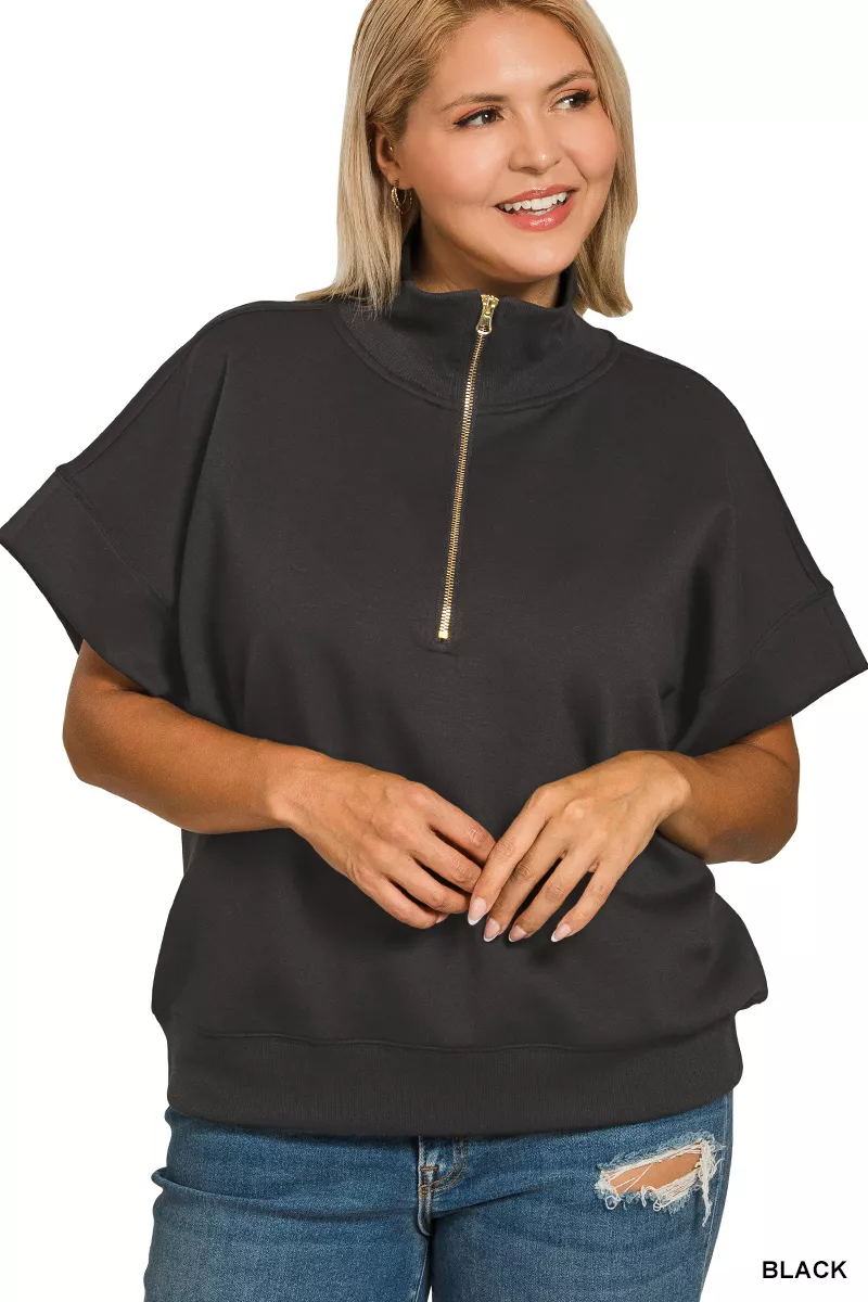 Zenana Full Size Scuba High Neck Half Zip Short Sleeve Top Plus Size - Image 5
