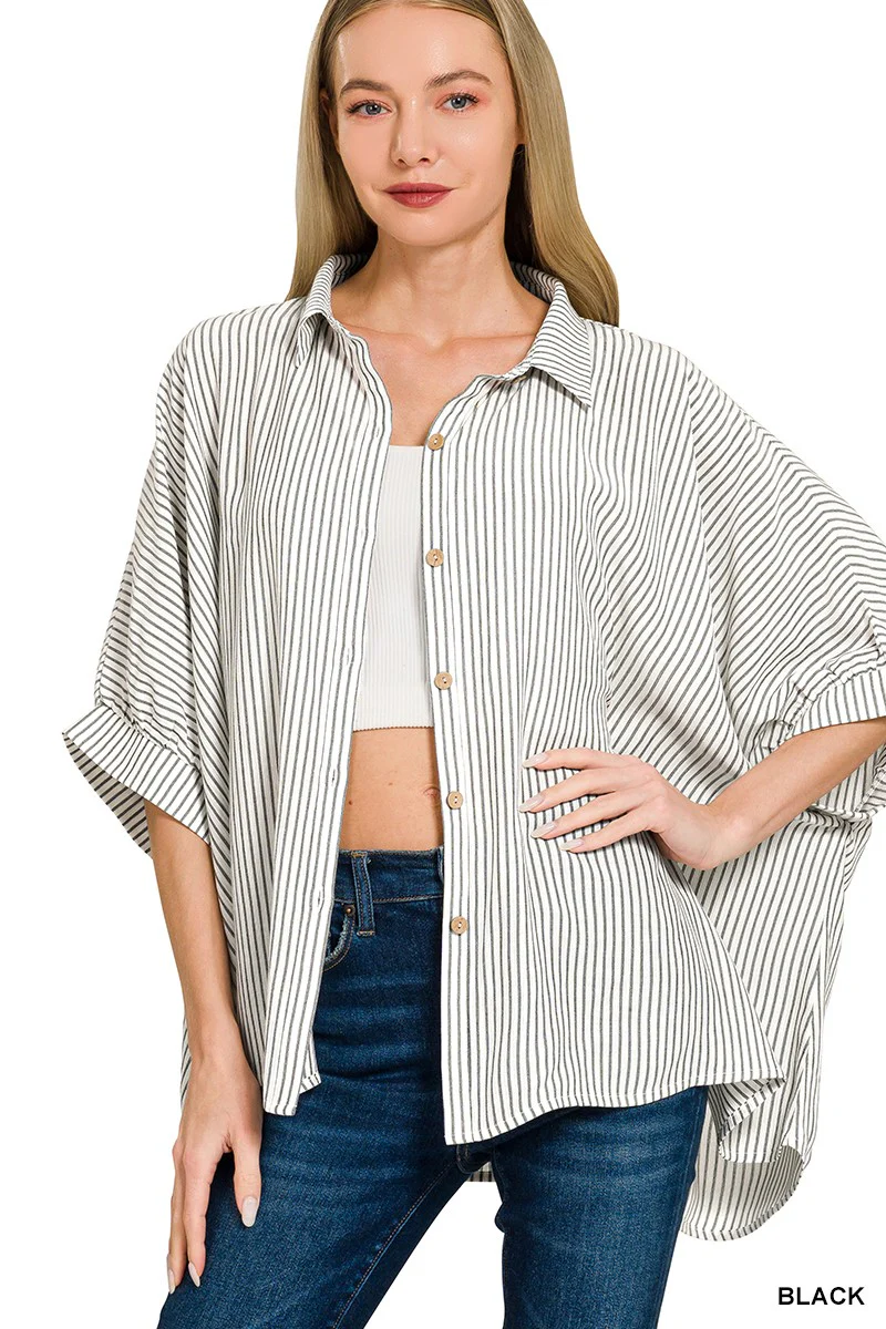 Zenana Full Size Woven Stripe Button Down Boxy Shirt Plus Size - Image 2