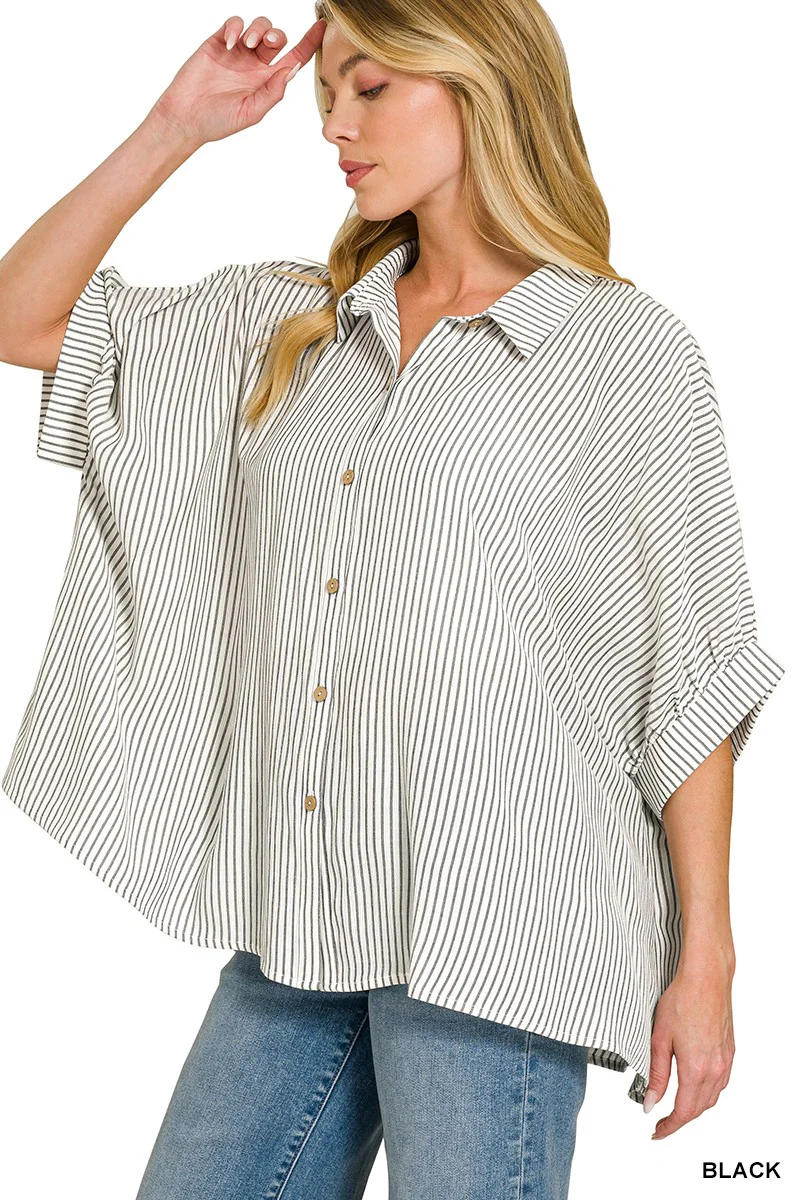 Zenana Full Size Woven Stripe Button Down Boxy Shirt Plus Size - Image 3