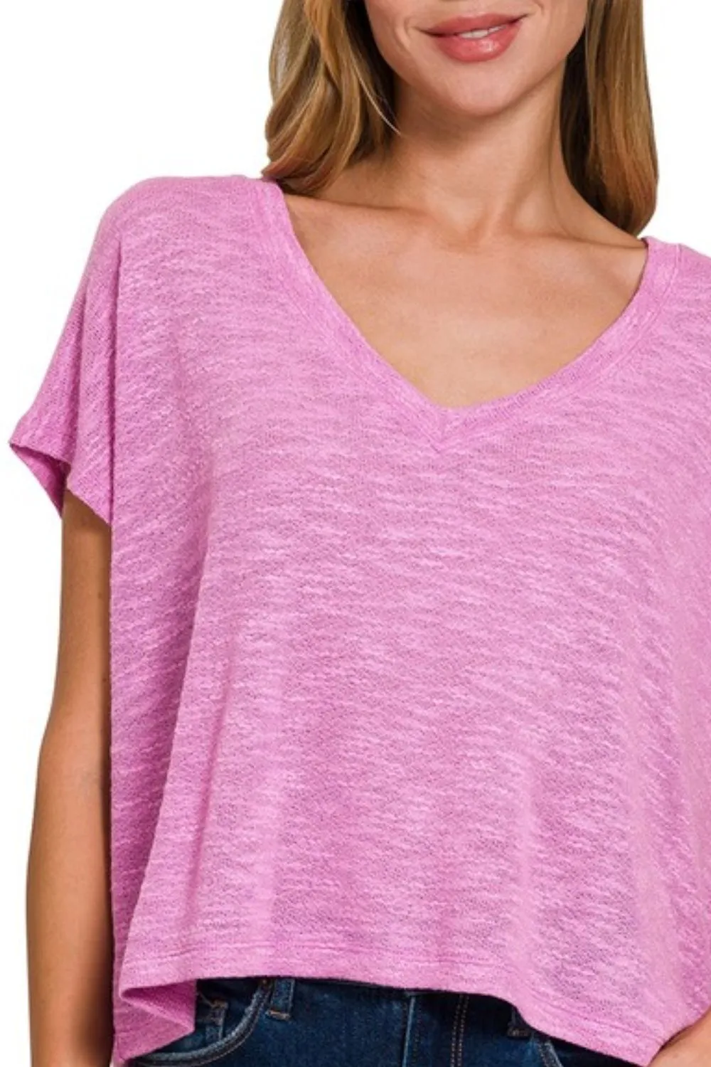 Zenana Hacci Slub V-neck Drop Shoulder Crop Top - Image 2