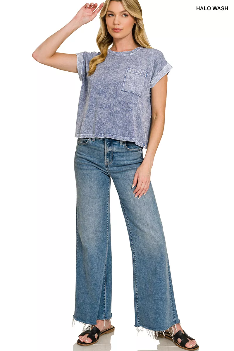 Zenana Halo Snow Washed Cotton Cuffed Short Sleeve Top - Image 2