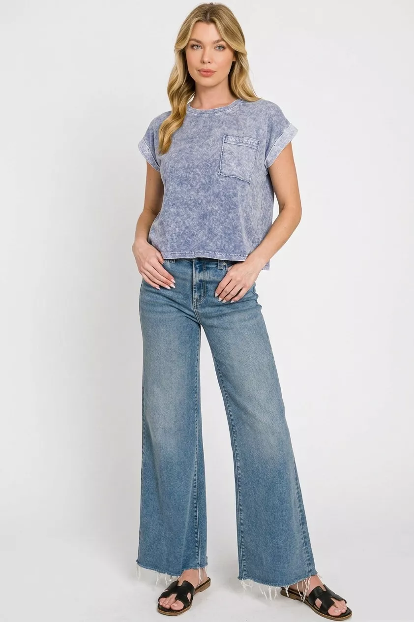 Zenana Halo Snow Washed Cotton Cuffed Short Sleeve Top - Image 3