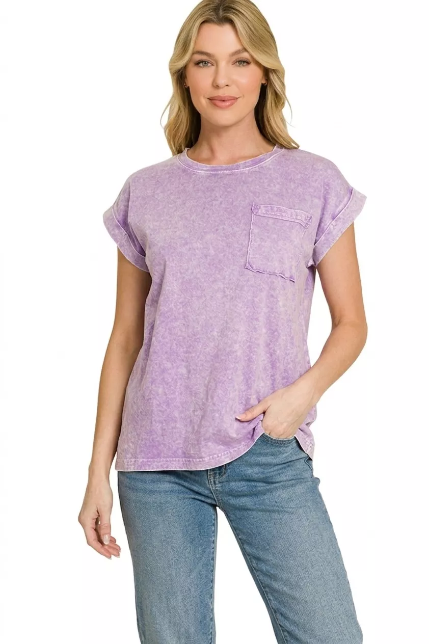 Zenana Halo Snow Washed Cuffed Short Sleeve Tee - Image 3
