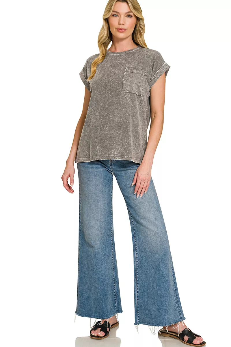 Zenana Halo Snow Washed Cuffed Short Sleeve Tee - Image 3