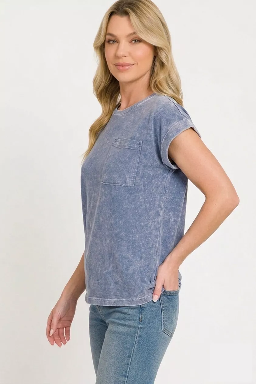 Zenana Halo Snow Washed Cuffed Short Sleeve Tee - Image 3
