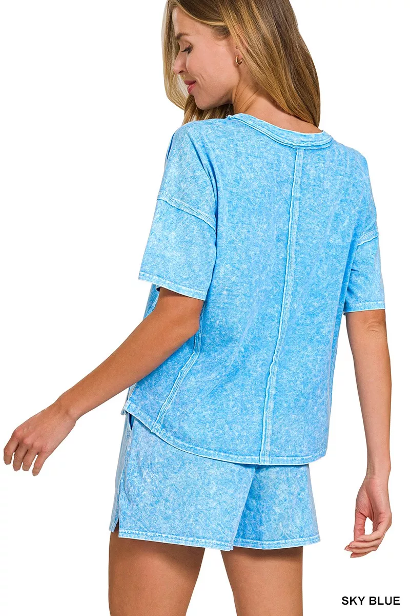 Zenana Halo Snow Washed Short Sleeve Tee and Shorts Set - Image 2