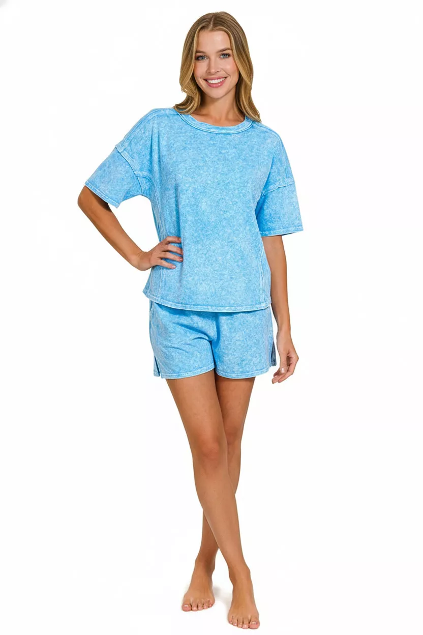 Zenana Halo Snow Washed Short Sleeve Tee and Shorts Set - Image 3