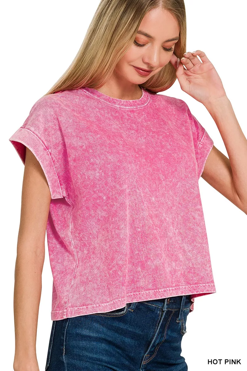 Zenana Halo Washed Cotton Cuffed Short Sleeve Top - Image 2