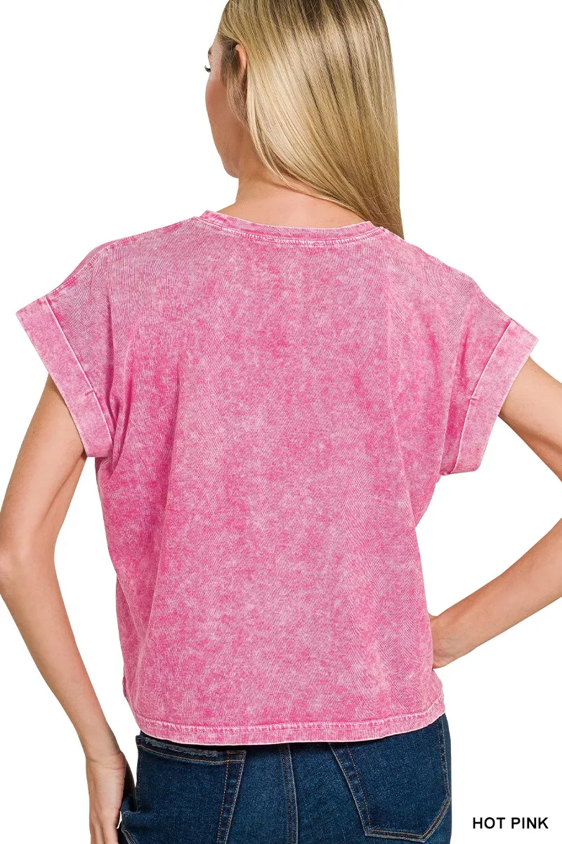 Zenana Halo Washed Cotton Cuffed Short Sleeve Top - Image 3