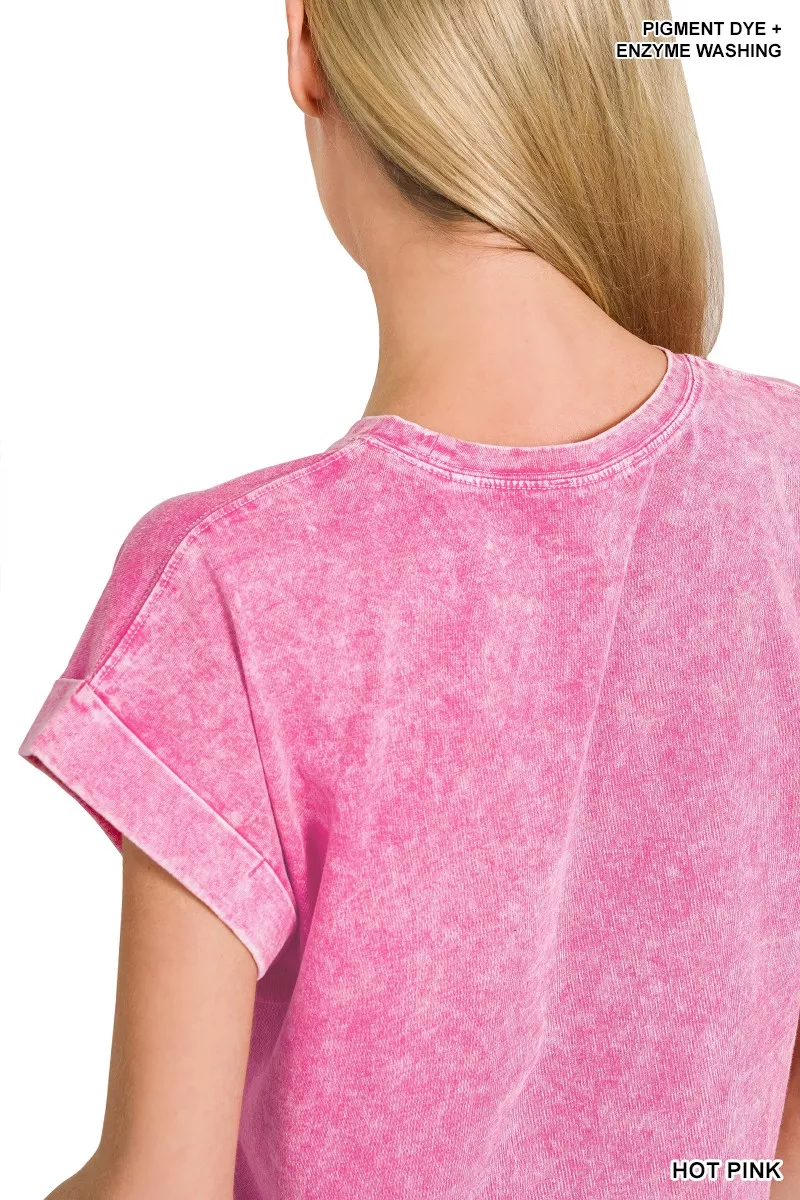 Zenana Halo Washed Cotton Cuffed Short Sleeve Top - Image 4