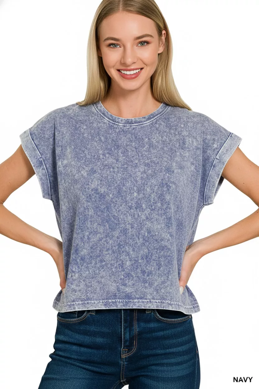 Zenana Halo Washed Cotton Cuffed Short Sleeve Top - Image 3