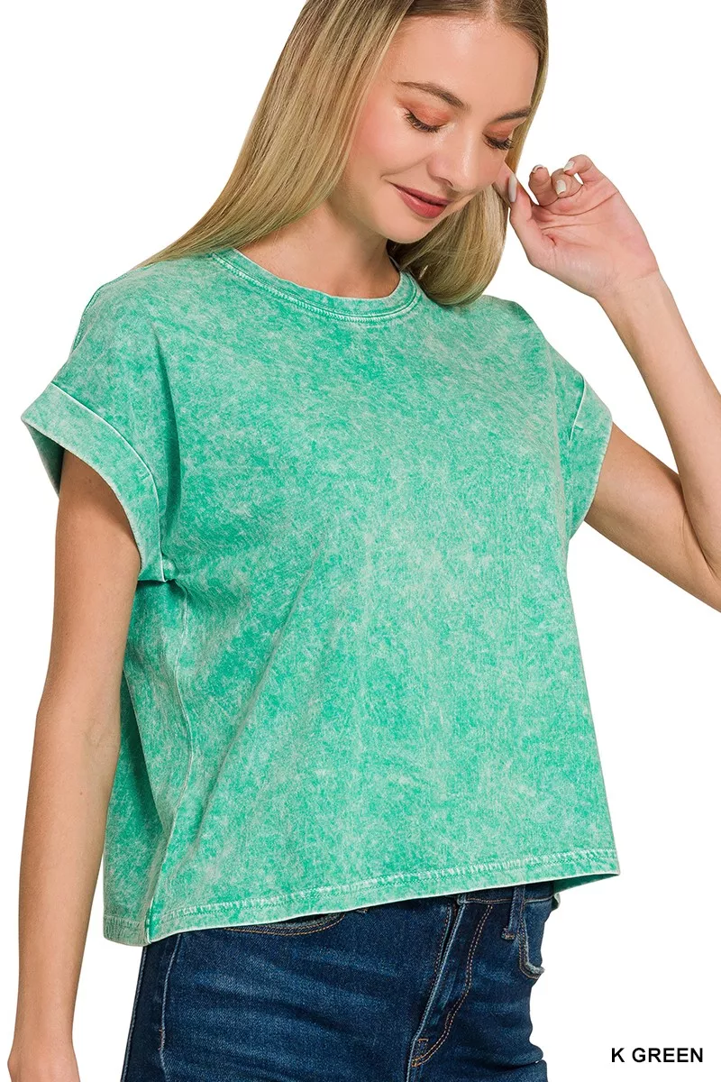 Zenana Halo Washed Cotton Cuffed Short Sleeve Top - Image 2