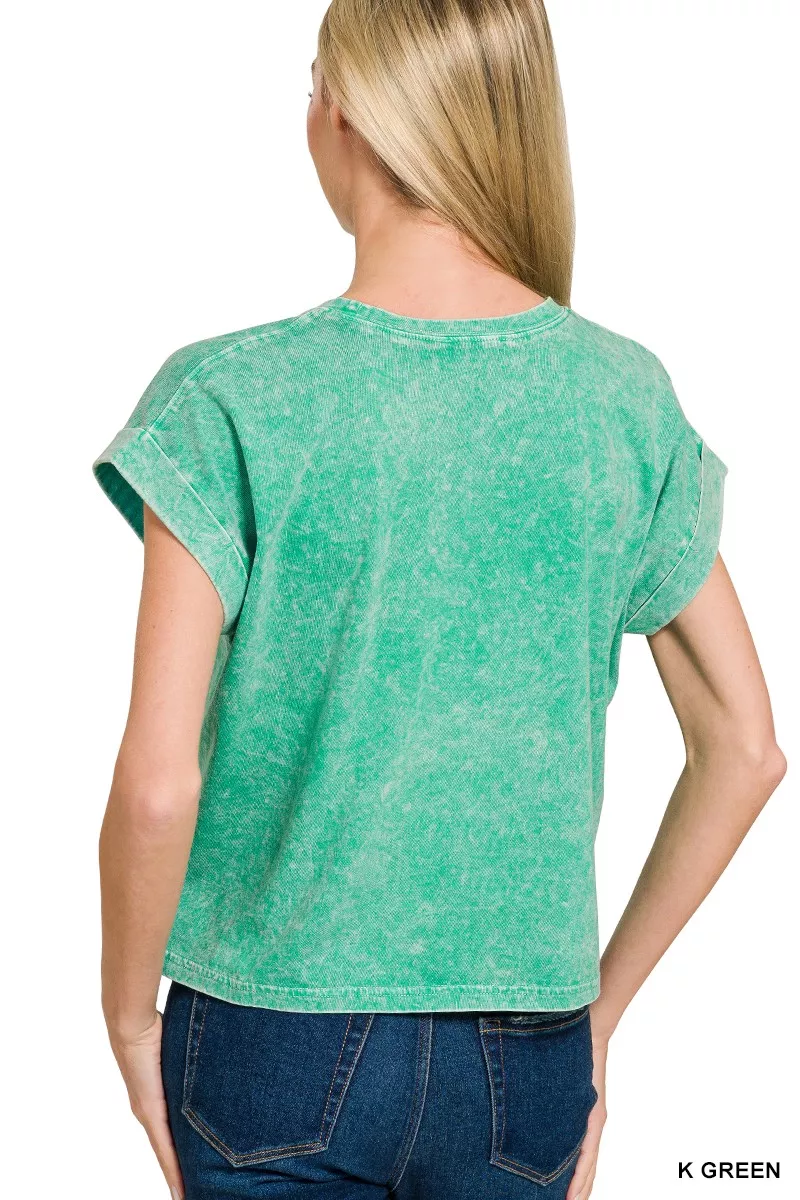 Zenana Halo Washed Cotton Cuffed Short Sleeve Top - Image 3