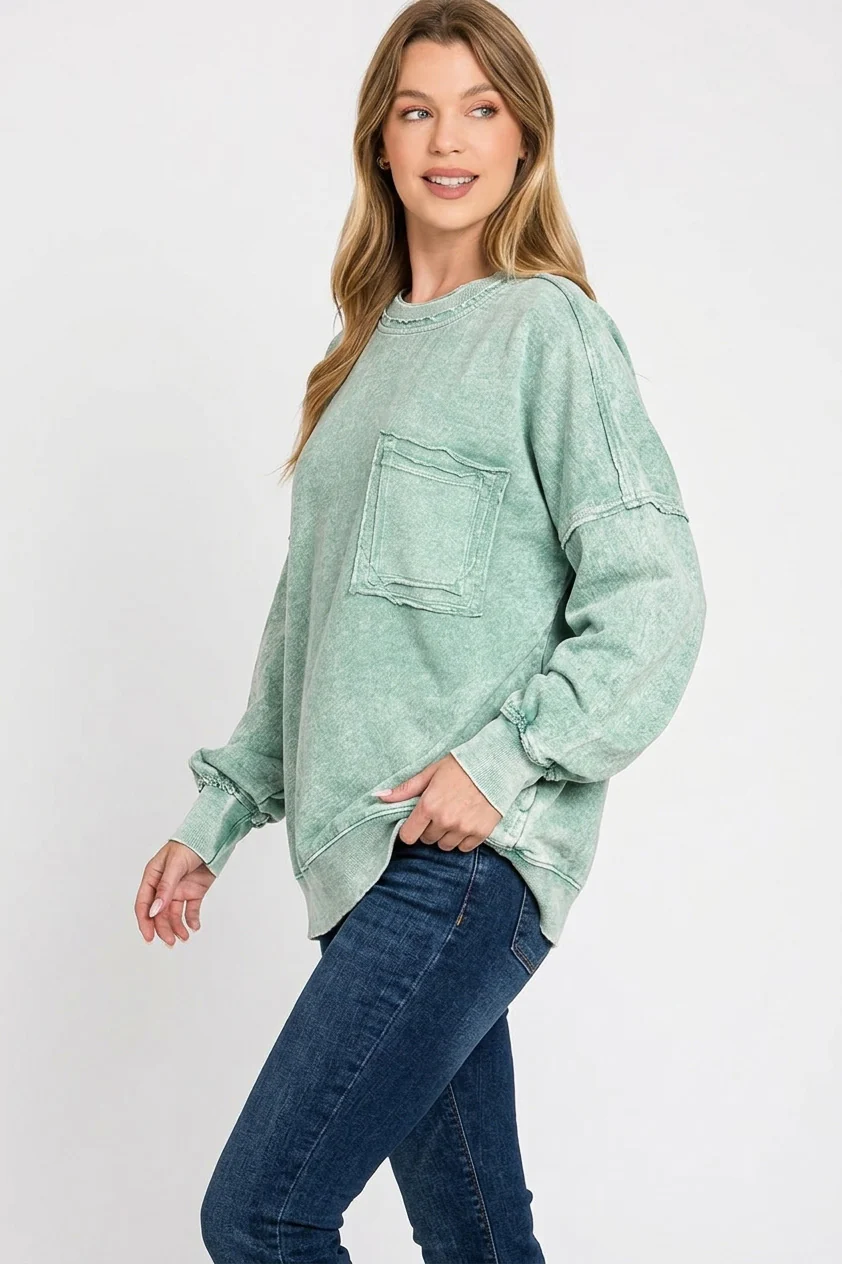Zenana Halo Washed French Terry Exposed-seam Sweatshirt - Image 2
