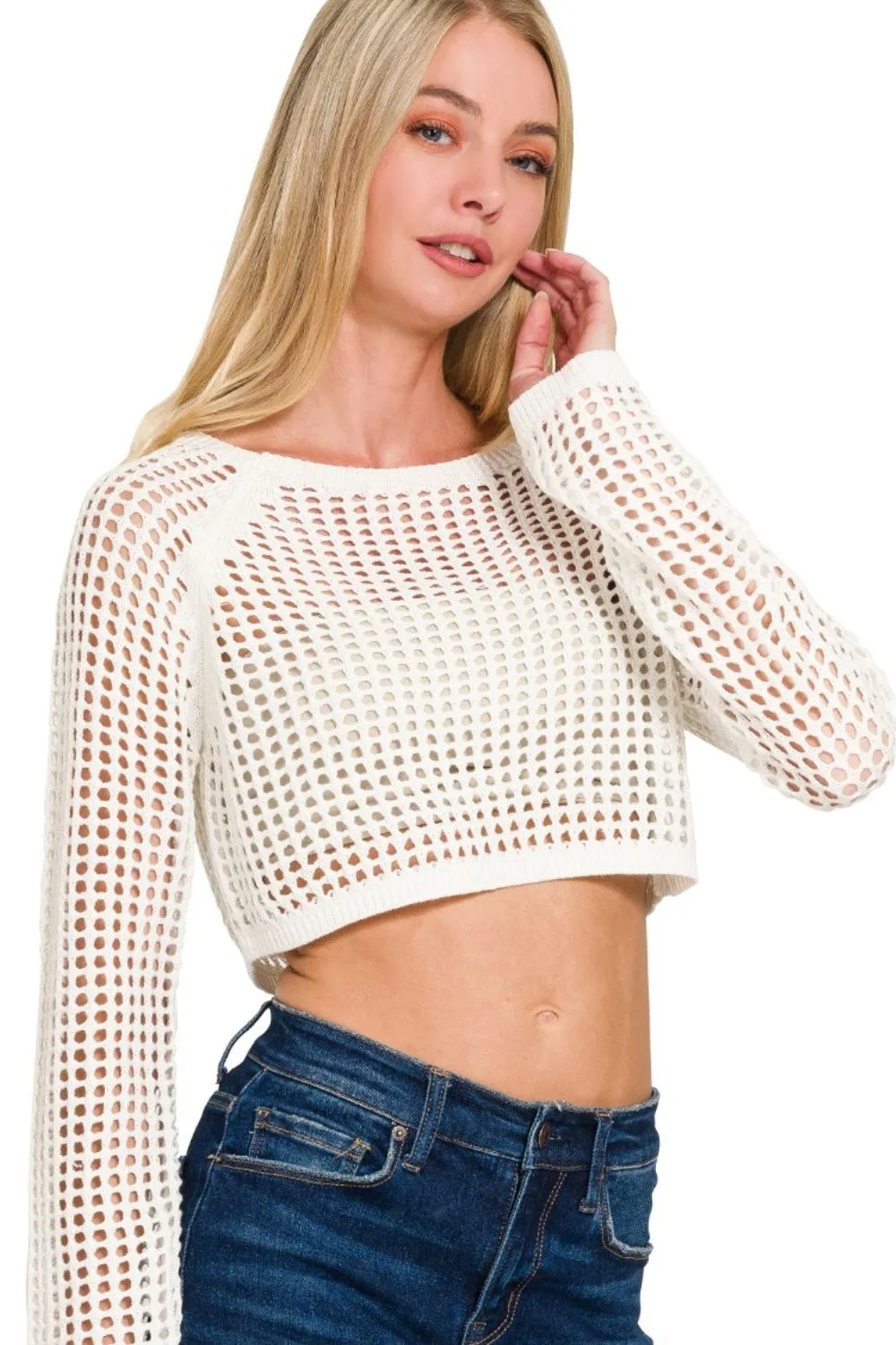 Zenana Hollow Knitted Cropped Round Neck Sweater - Image 2